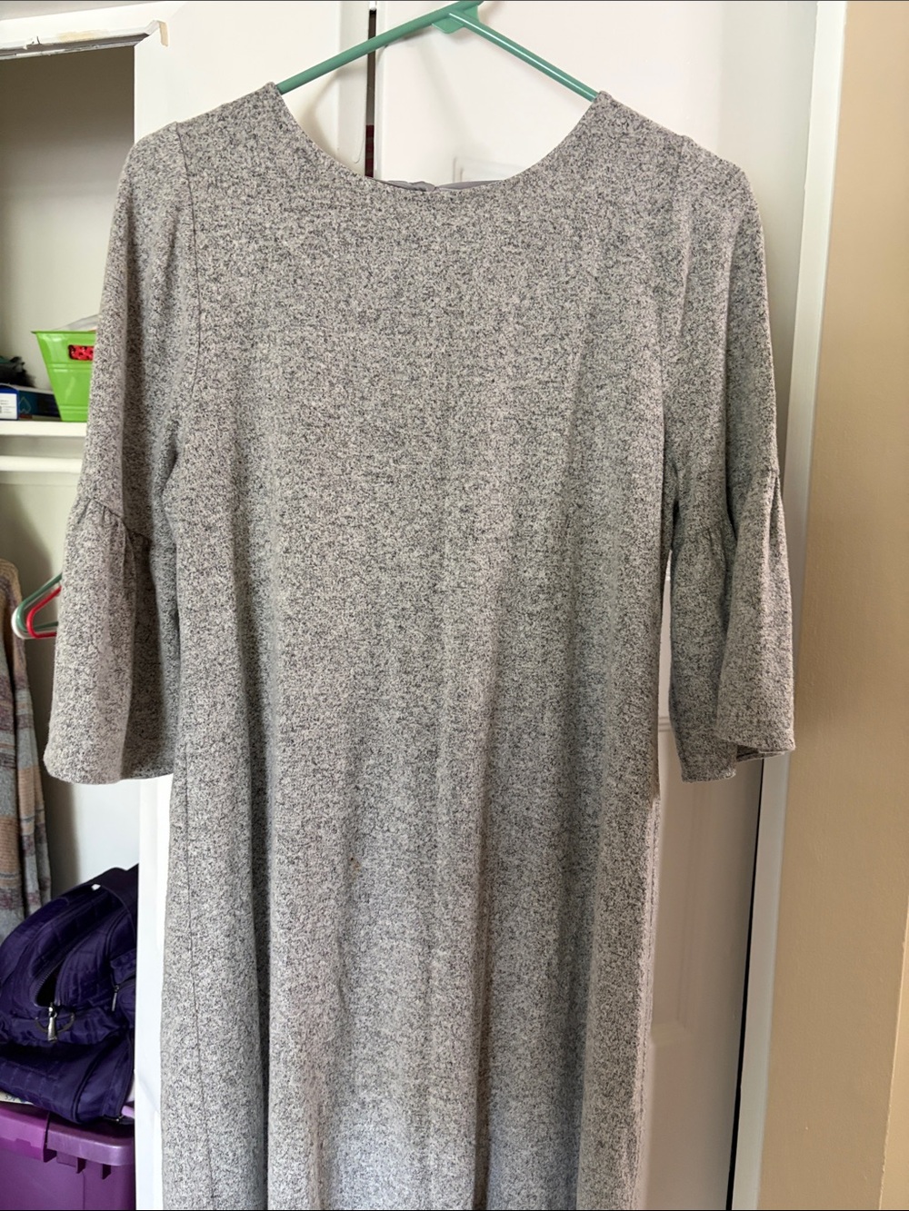 White House Black Market Light Heather Gray Midi Dress with Bell Sleeves